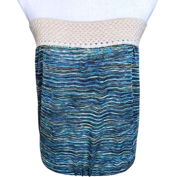 Elan Boho Strapless Crochet Top Blue Green Texture Pattern Fabric - Picture 1 of 9